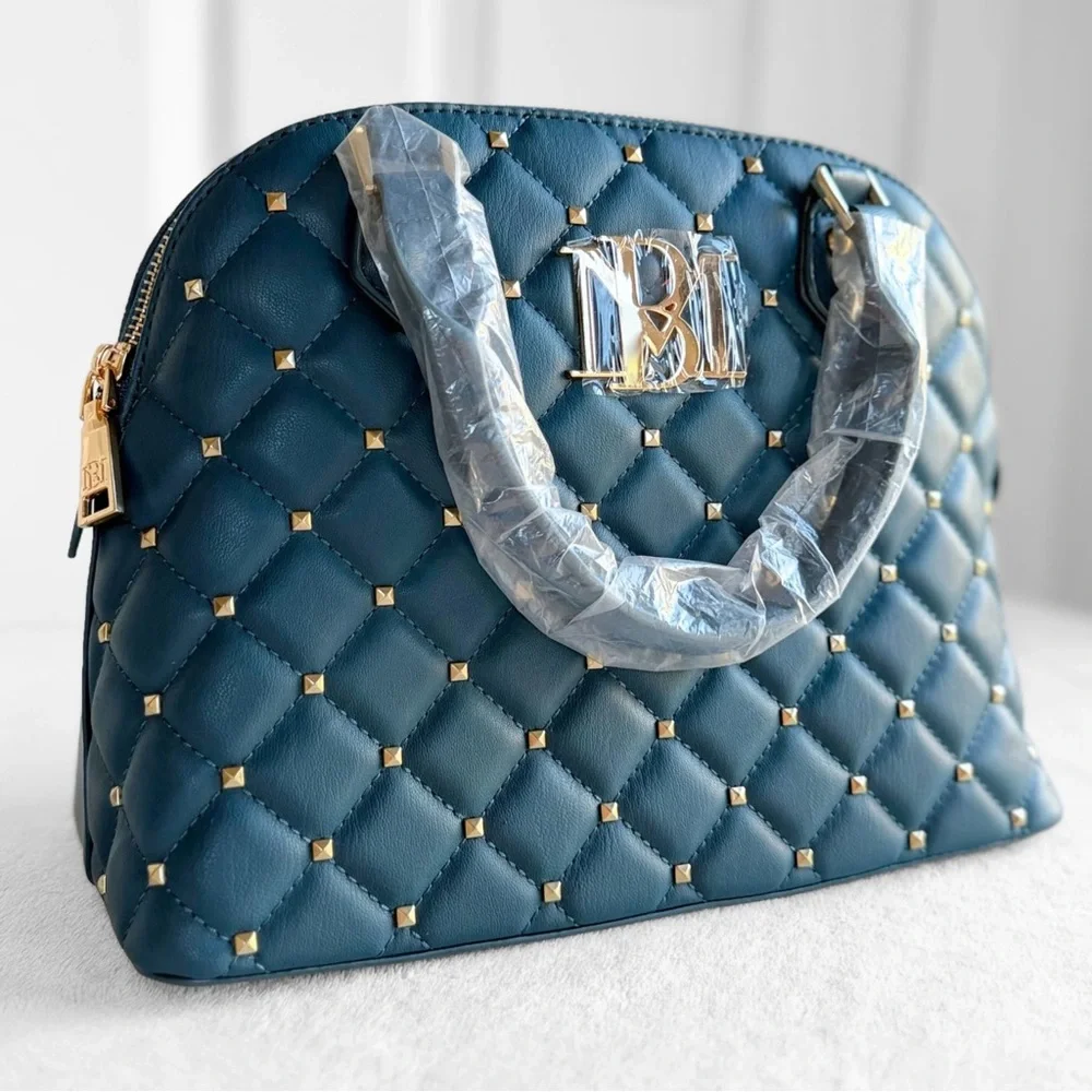 NWT Badgley Mischka Diamond Quilted Dome Satchel – Dark Green Teal Studded - Picture 2 of 14
